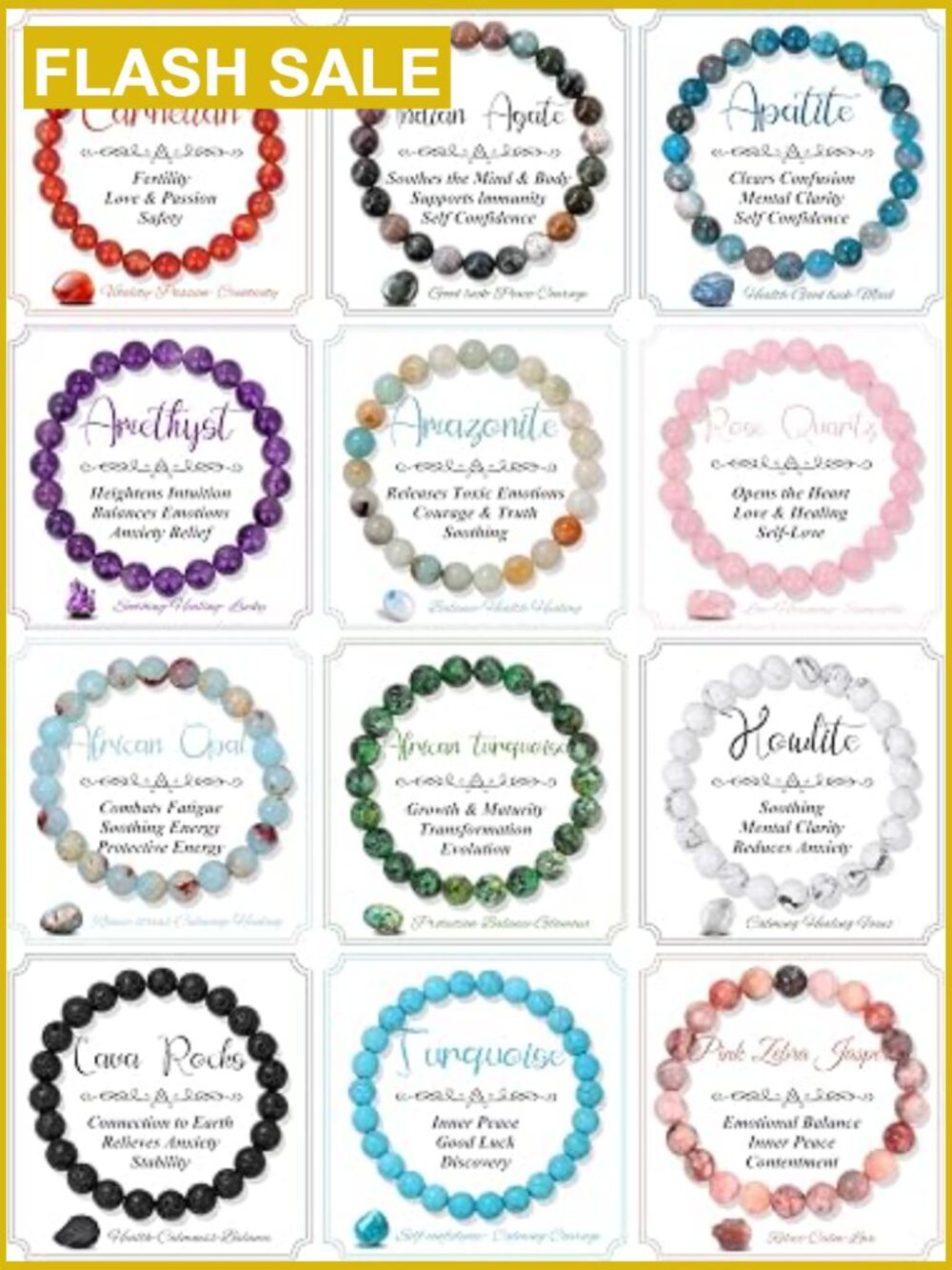 12 Natural Gemstone Bracelets Set 8mm Semi-Precious Stretch Yoga Bracelet